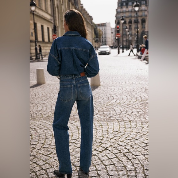 ZARA Z1975 FULL LENGTH STRAIGHT CUT BEADED JEANS WITH A HIGH WAIST - Picture 2 of 8